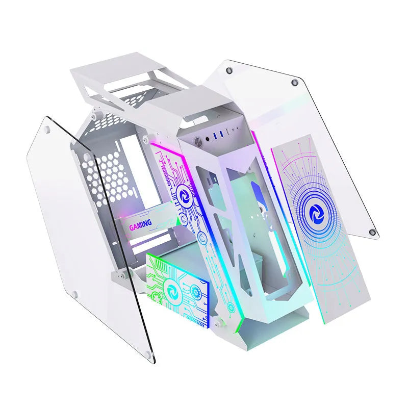Special-shaped table computer case in bare metal finish with internal RGB fan lighting visible
