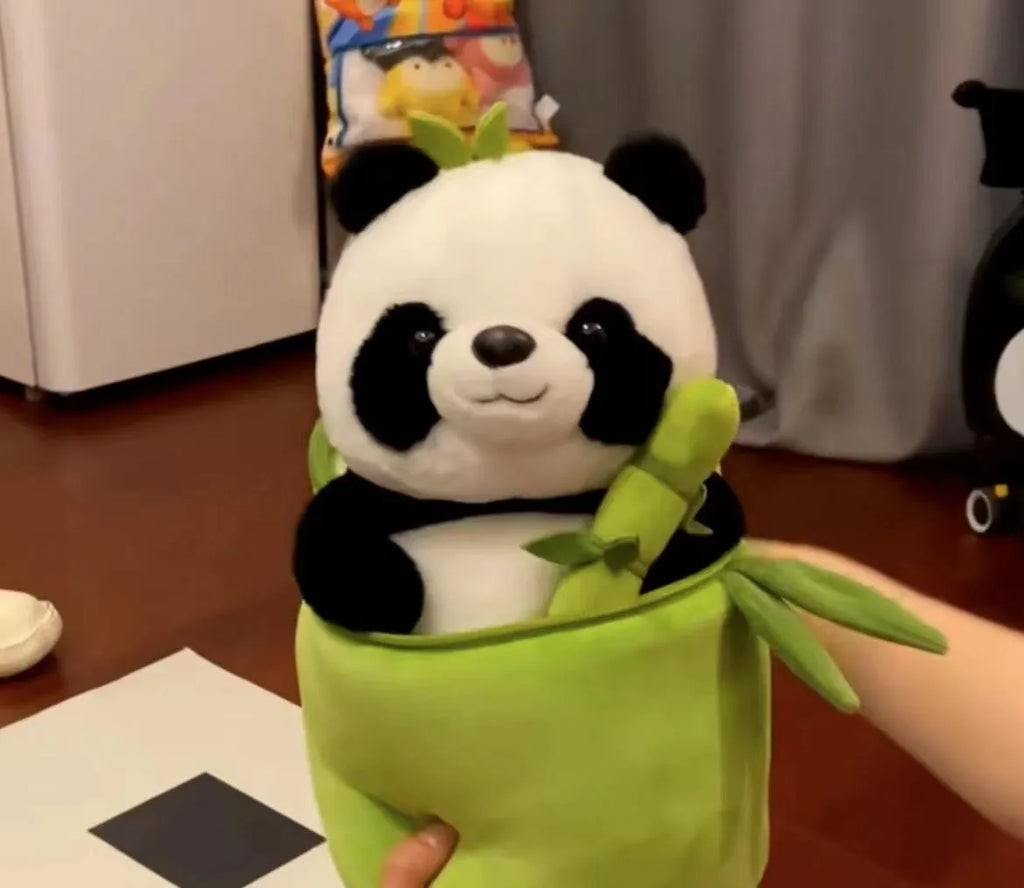Panda plush doll with bamboo tube design holding bamboo, PP cotton filling, available in 25cm, 40cm, and 50cm sizes