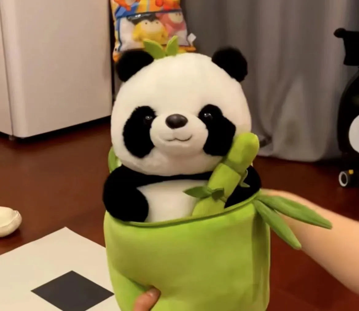 Panda plush doll with bamboo tube design holding bamboo, PP cotton filling, available in 25cm, 40cm, and 50cm sizes