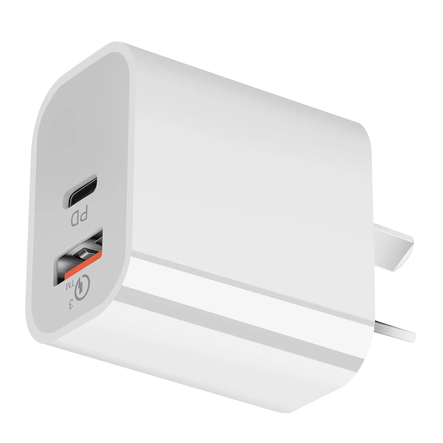 White dual port USB charger with Australian plug, showing USB-A and USB-C ports.