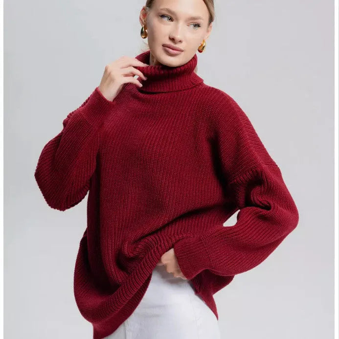 Women's solid colour high neck pullover sweater in thick imitation cashmere with long sleeves and loose fit