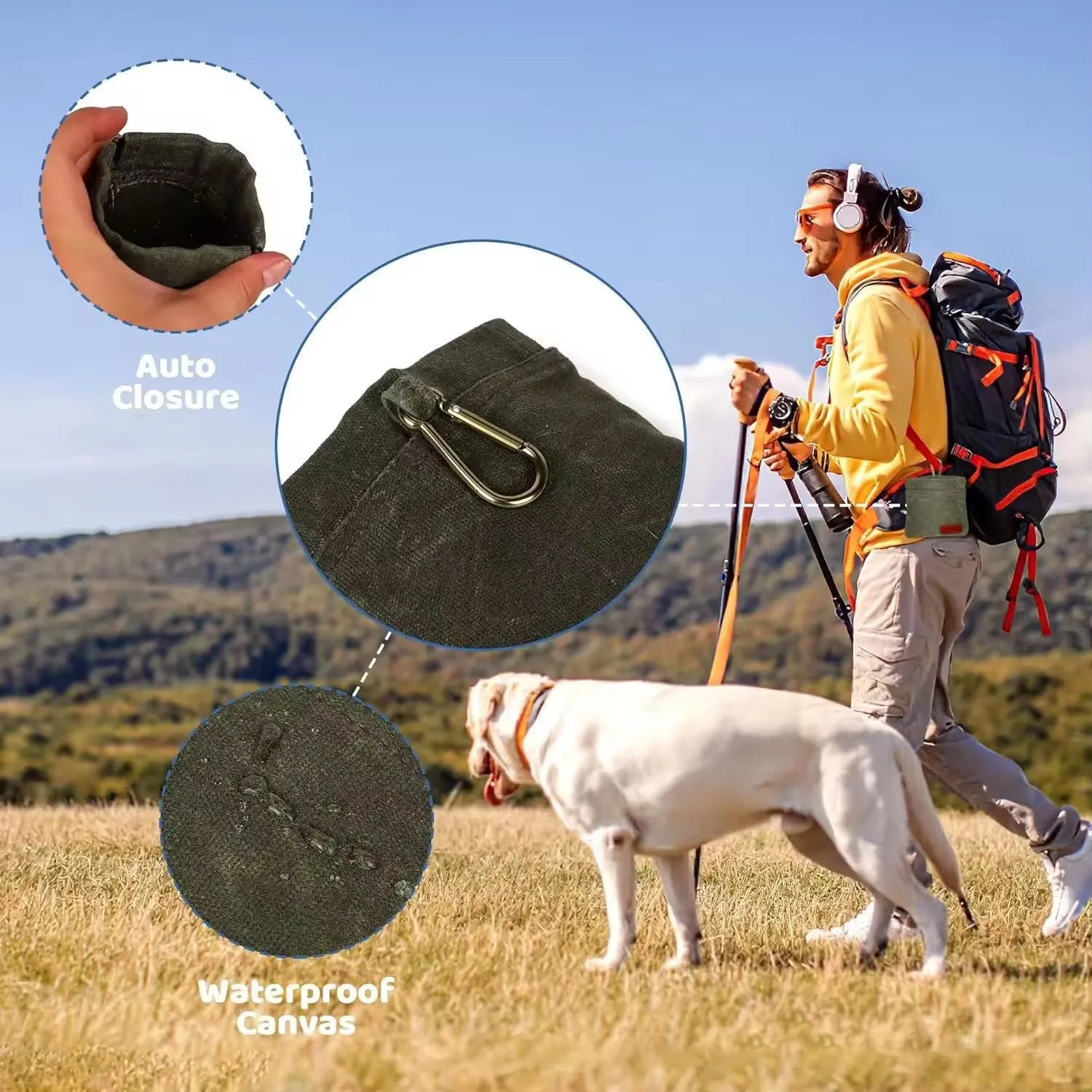 Waxed canvas pet snack bag in Khaki colour, compact treat pouch for dog training outdoors