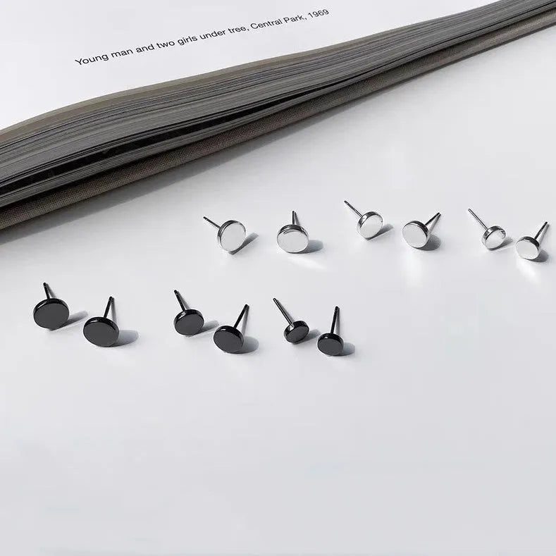 S999 Sterling Silver geometric round stud earrings in black and silver colours, showing size range from 3mm to 8mm.