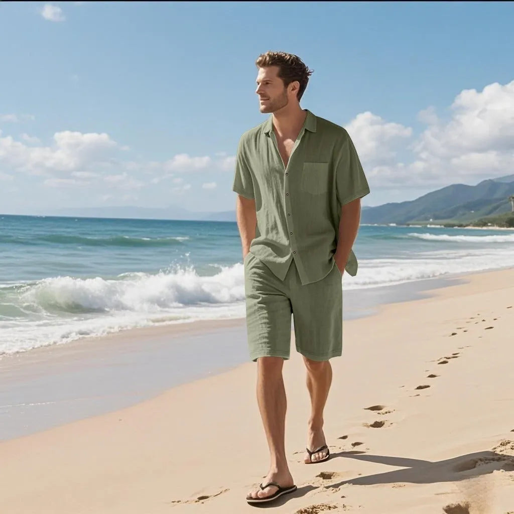 Men's white linen blend short sleeve shirt and shorts leisure set laid flat.