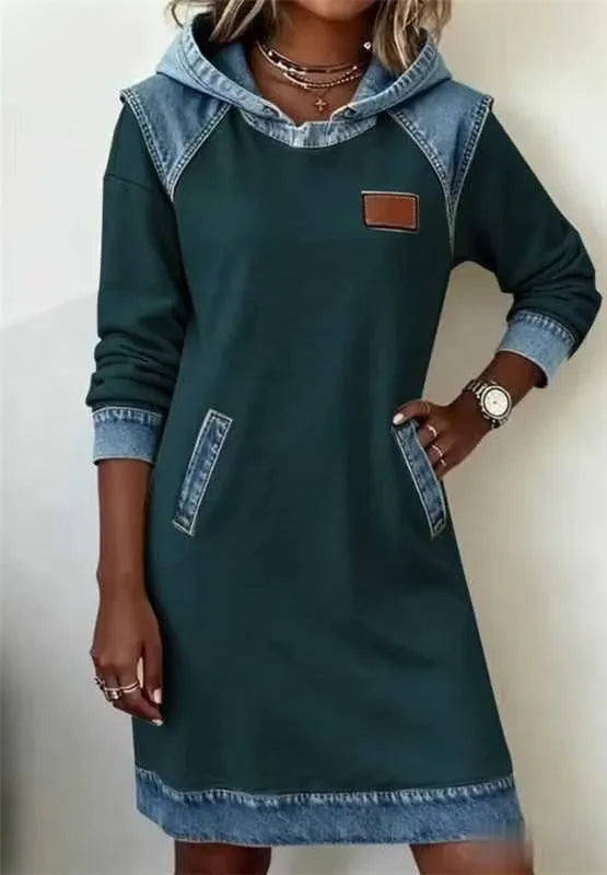 Color matching ladies hoodie skirt fake two piece dress with raglan sleeves in navy blue