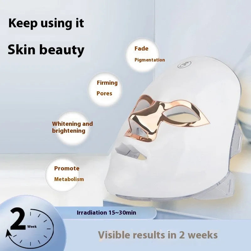Rechargeable manual touch LED beauty mask in ABS plastic on a white background.