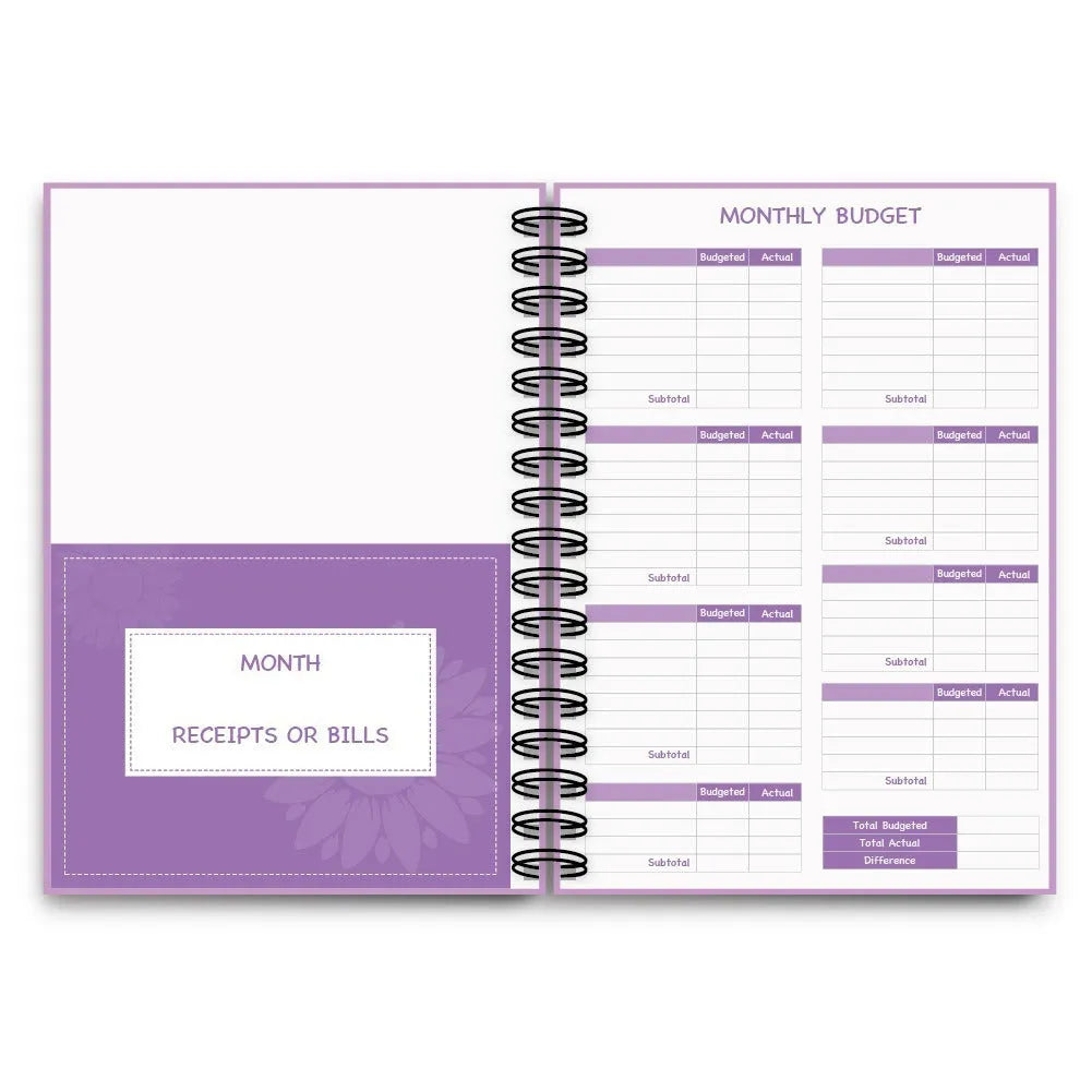 Purple A4 coil notebook for financial planning with budget pages, pen and accessories
