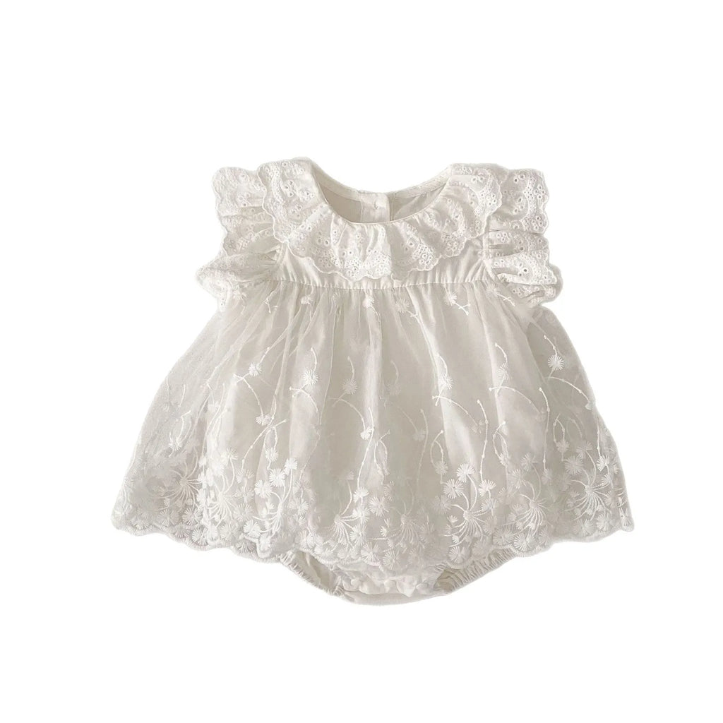 Girls cotton flounced sleeve lace triangle jumpsuit sleeveless creamy white summer