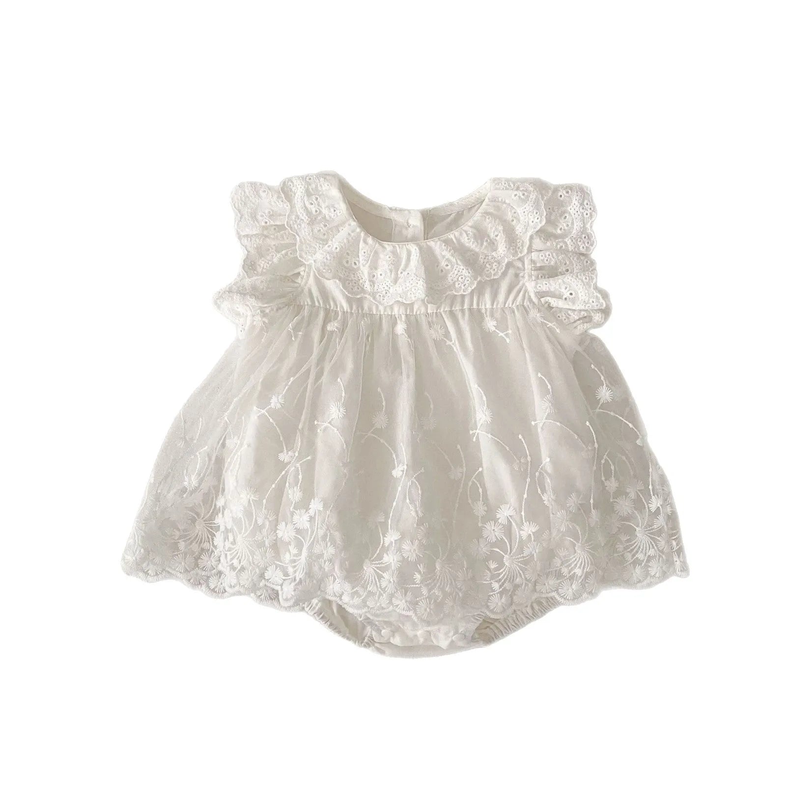 Girls cotton flounced sleeve lace triangle jumpsuit sleeveless creamy white summer