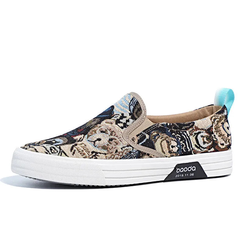 Canvas slip-on sneakers in khaki colour with vulcanised rubber sole and round toe design
