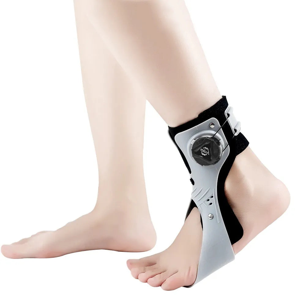 Grey and black adjustable ankle support brace with airbag button for custom fit