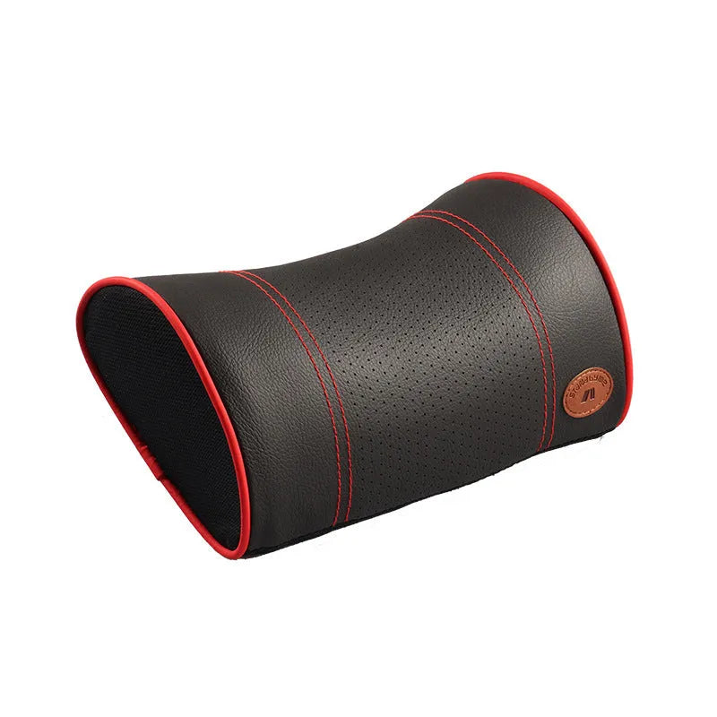 Car headrest neck pillow with memory foam padding, adjustable width and height, leather cover in black with red