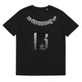 Men's black casual T-shirt with a 3D digital print on the front, featuring a round neck and short sleeves.