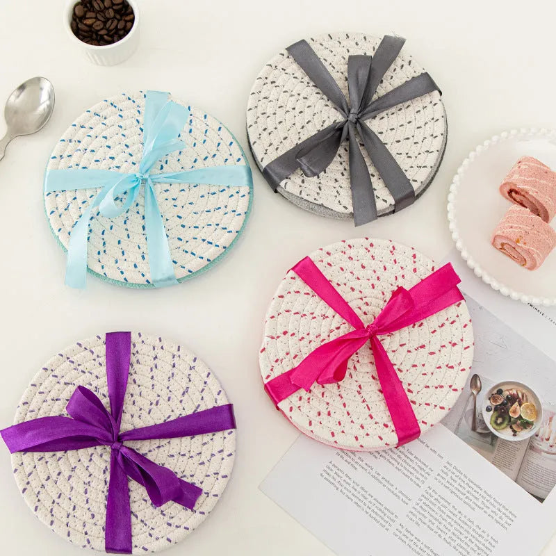 Three round cotton cord coasters in modern simplicity style with 18cm diameter measurement