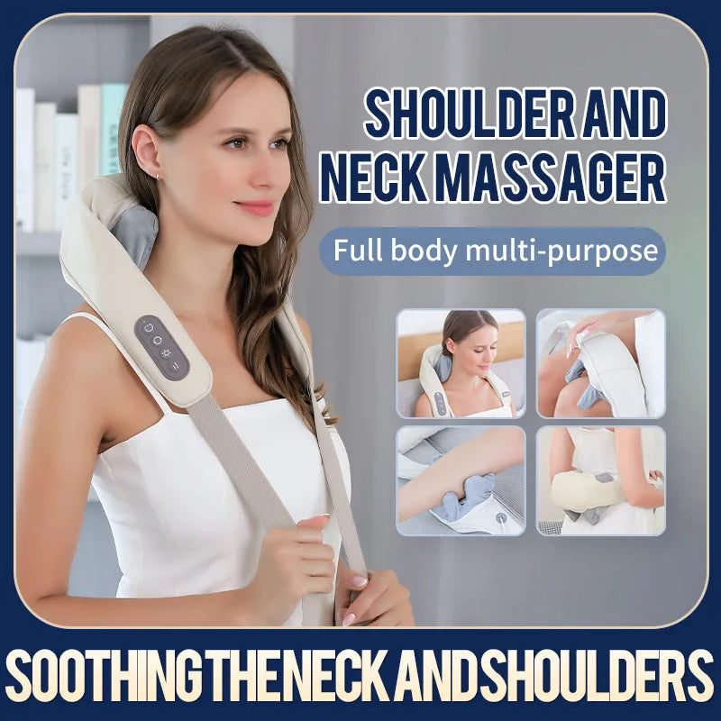 Household electric clip neck massager in beige with shawl design on person, rechargeable with PU leather