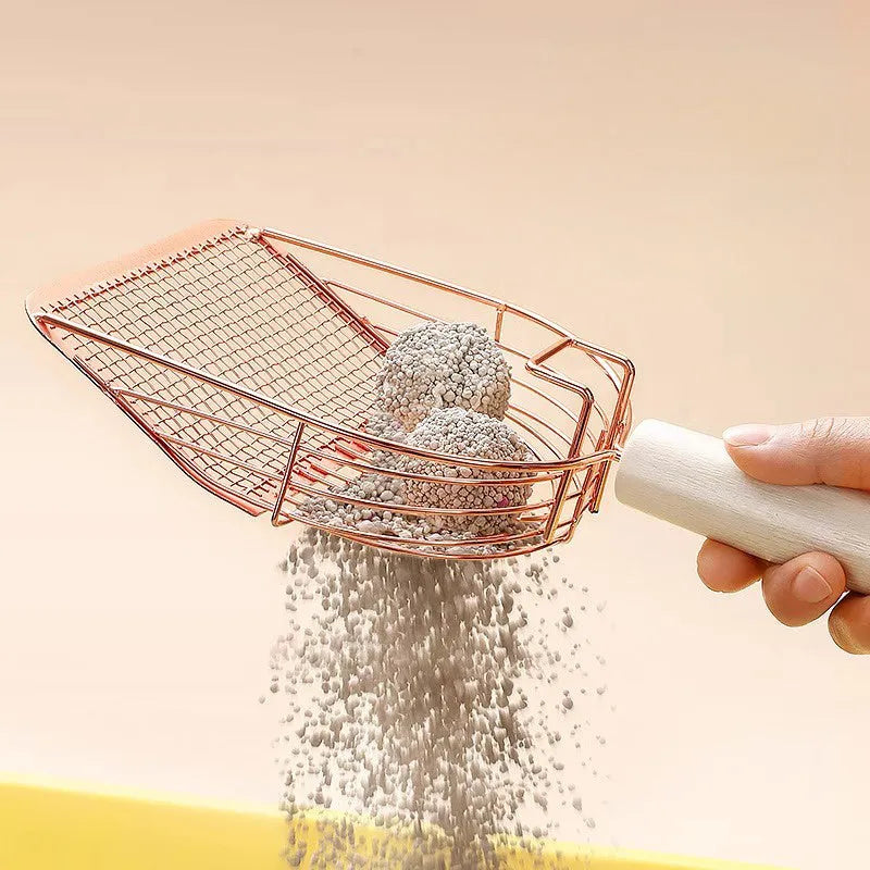 Stainless steel cat litter scoop with wooden handle for pet waste removal and litter box cleaning