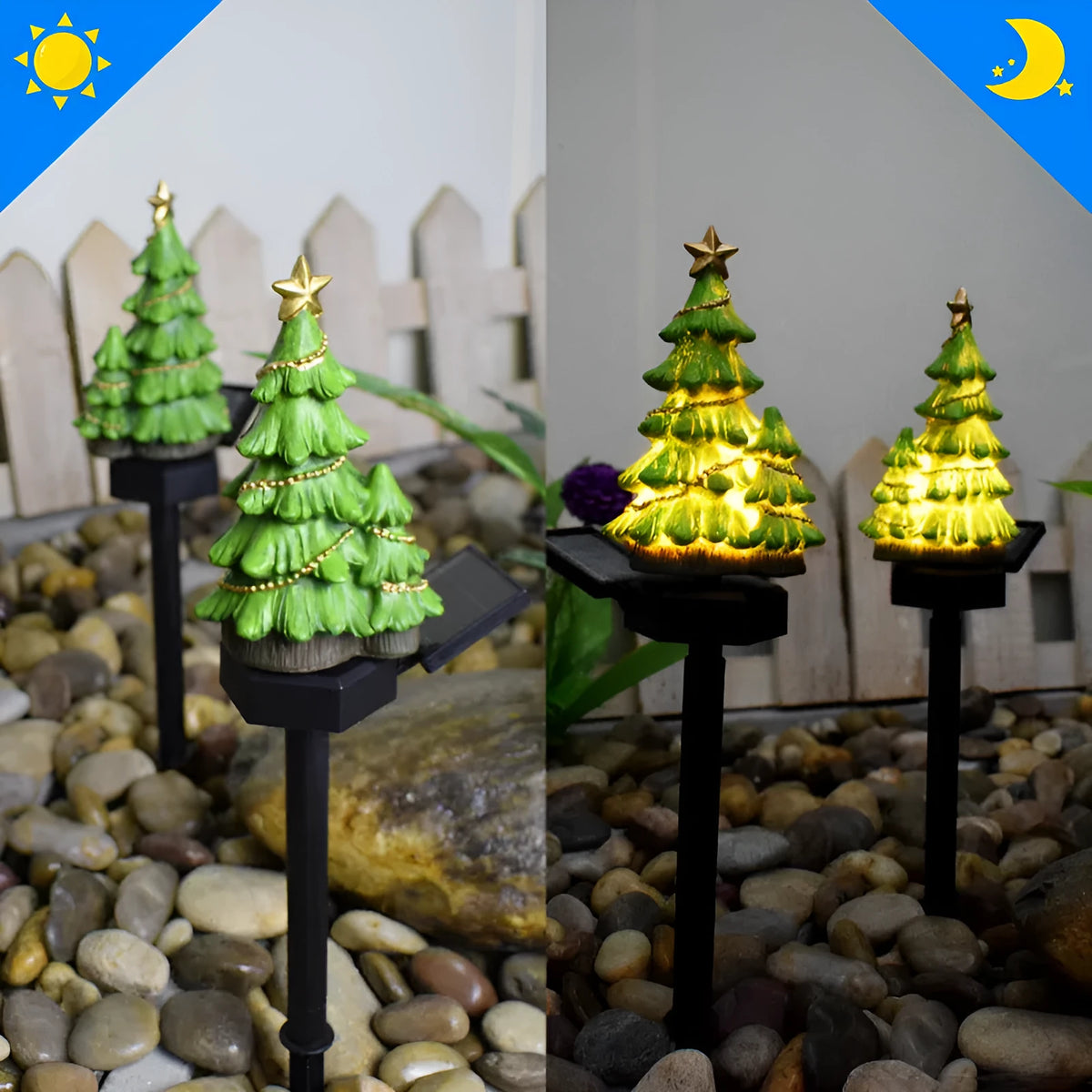 Solar powered Christmas tree shaped ground plugged lawn lamp with resin body and solar panel for outdoor garden decoration