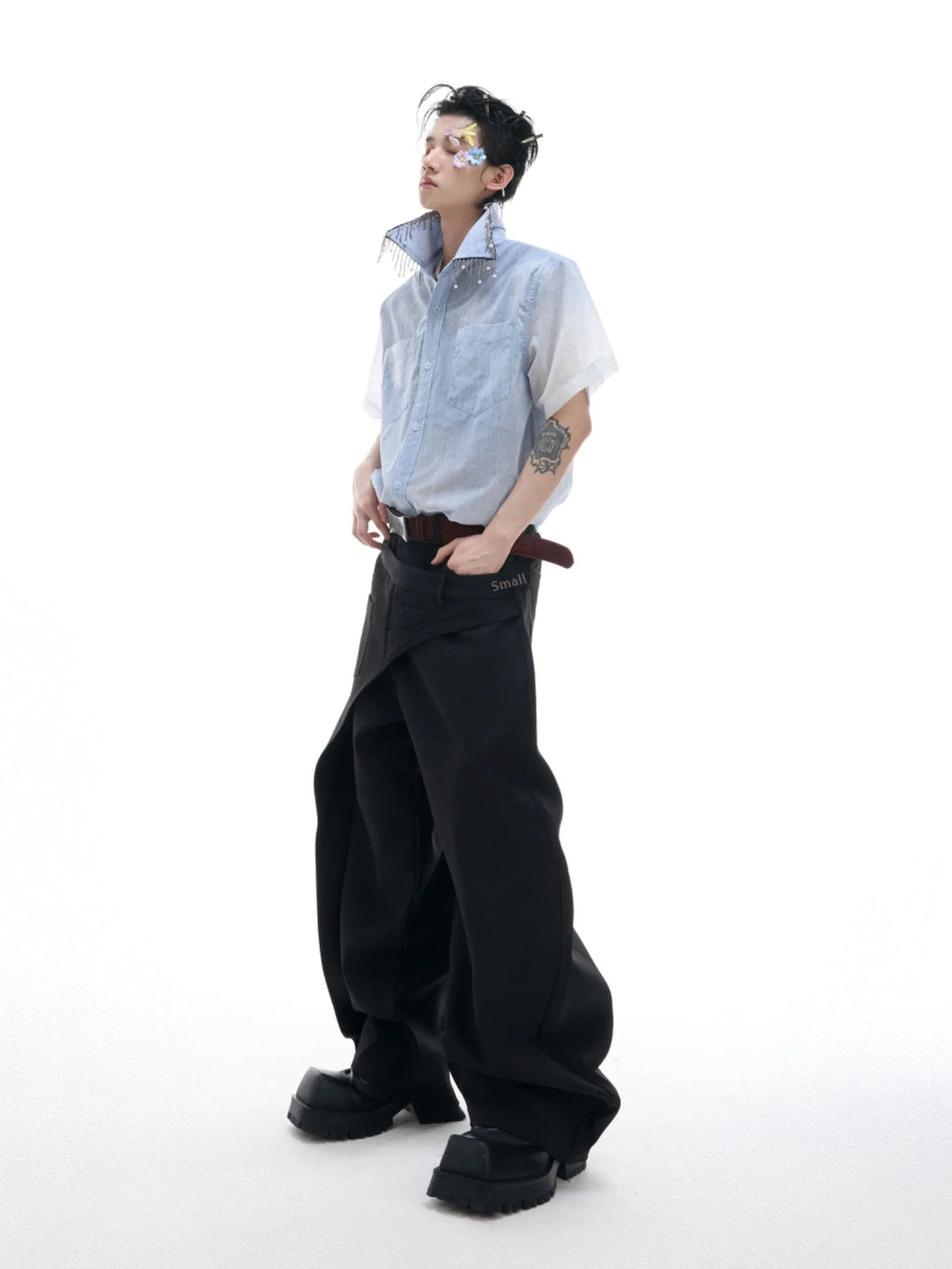 Man's blue and white gradient loose-fitting short sleeve casual shirt on a hanger