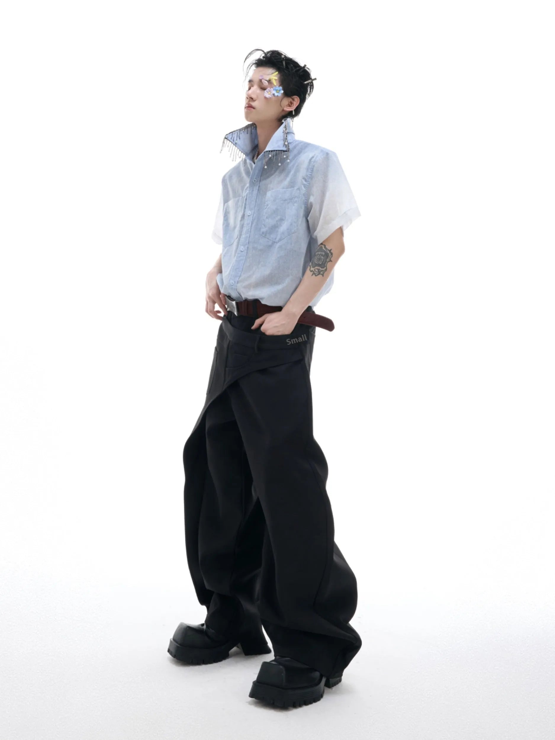 Man's blue and white gradient loose-fitting short sleeve casual shirt on a hanger