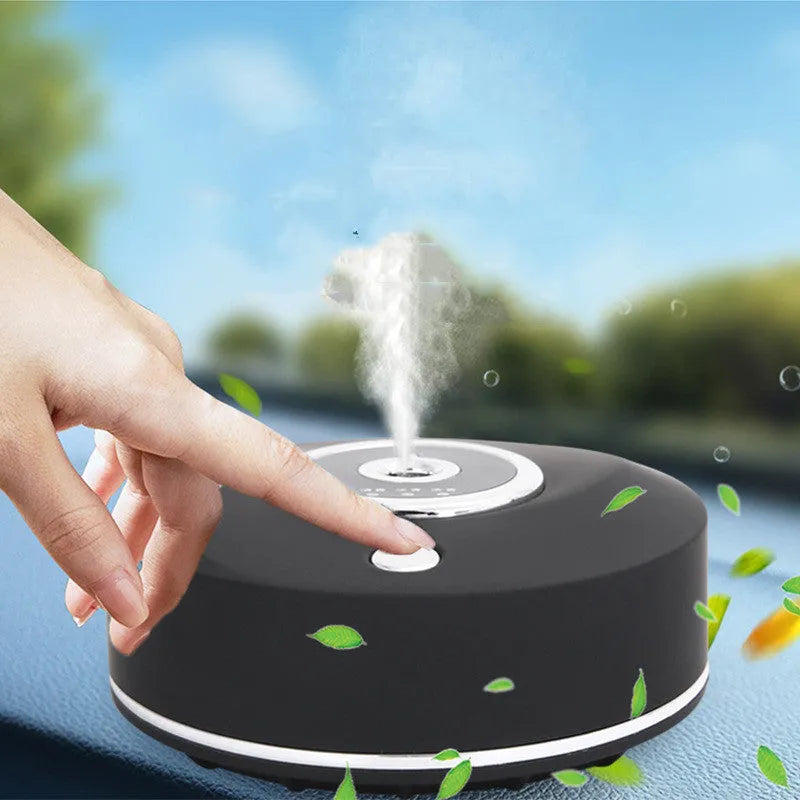 USB car aromatherapy machine in black, grey, or white with anti-slip pad on dashboard