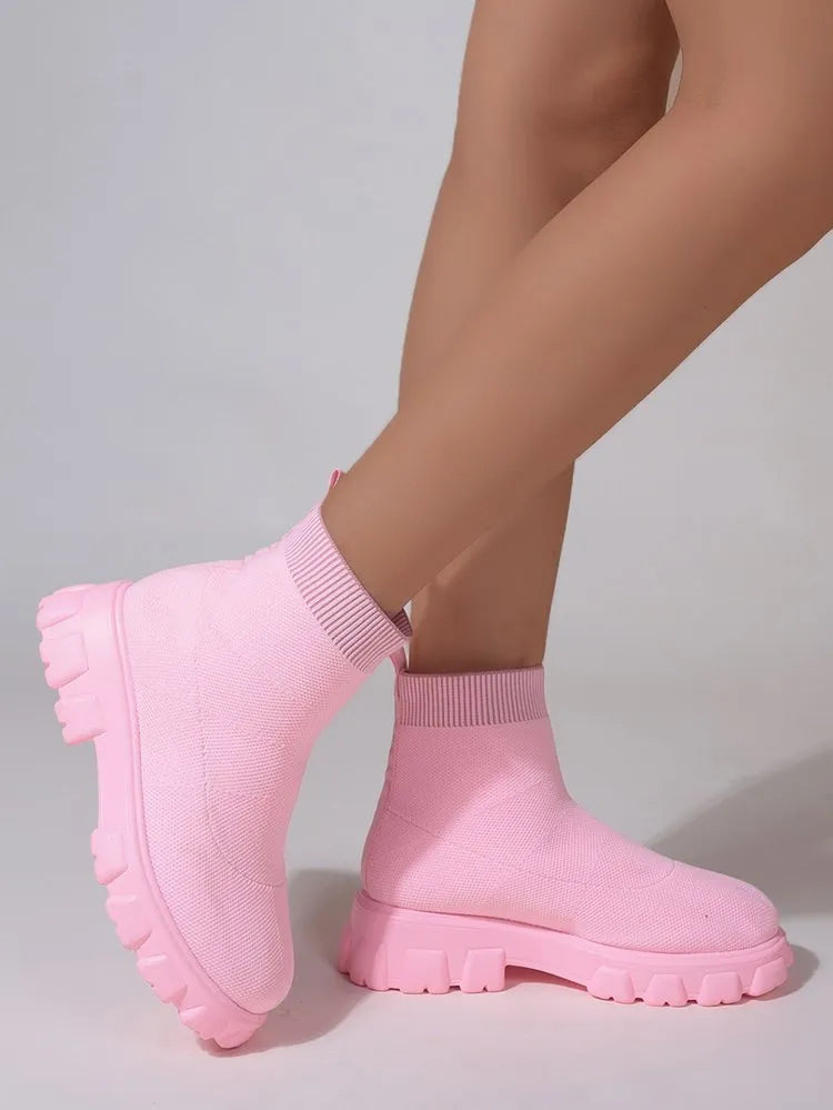 Women's low heel sock boots in pink, mesh upper, round toe, with 3-5 cm heel
