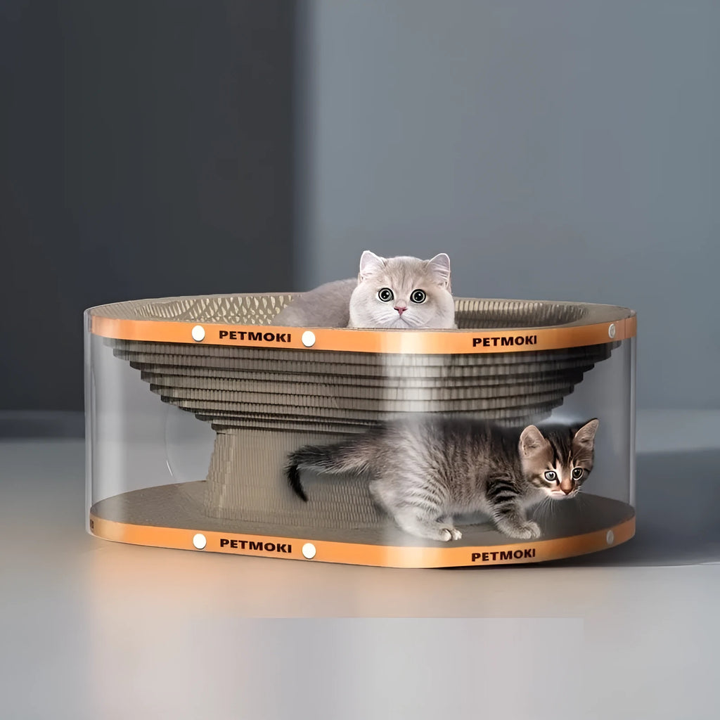 White and transparent 2-in-1 cat scratch board and enclosed PVC tunnel nest, measuring 58cm long.