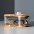 White and transparent 2-in-1 cat scratch board and enclosed PVC tunnel nest, measuring 58cm long.