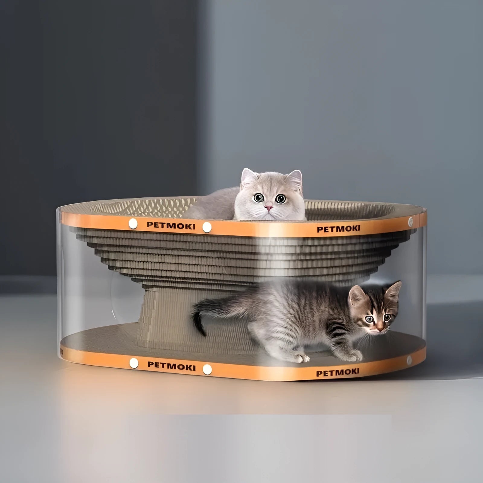 White and transparent 2-in-1 cat scratch board and enclosed PVC tunnel nest, measuring 58cm long.