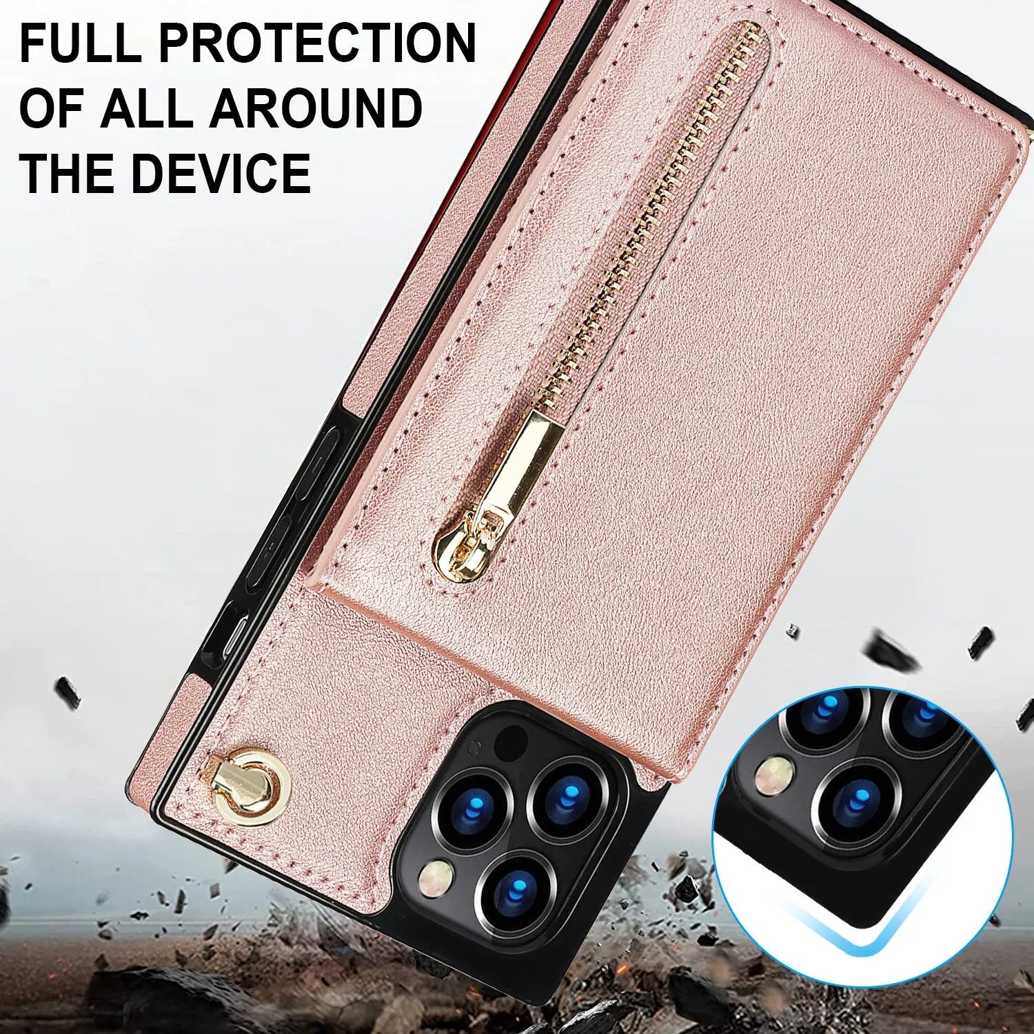 A black mobile phone case made of TPU with a leather section, shown fitted on a smartphone.