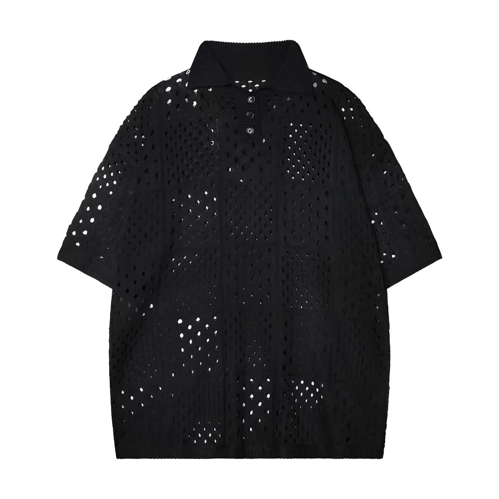 Black loose-fit short-sleeved polo shirt with a cardigan style and hollow knit fabric on a hanger.