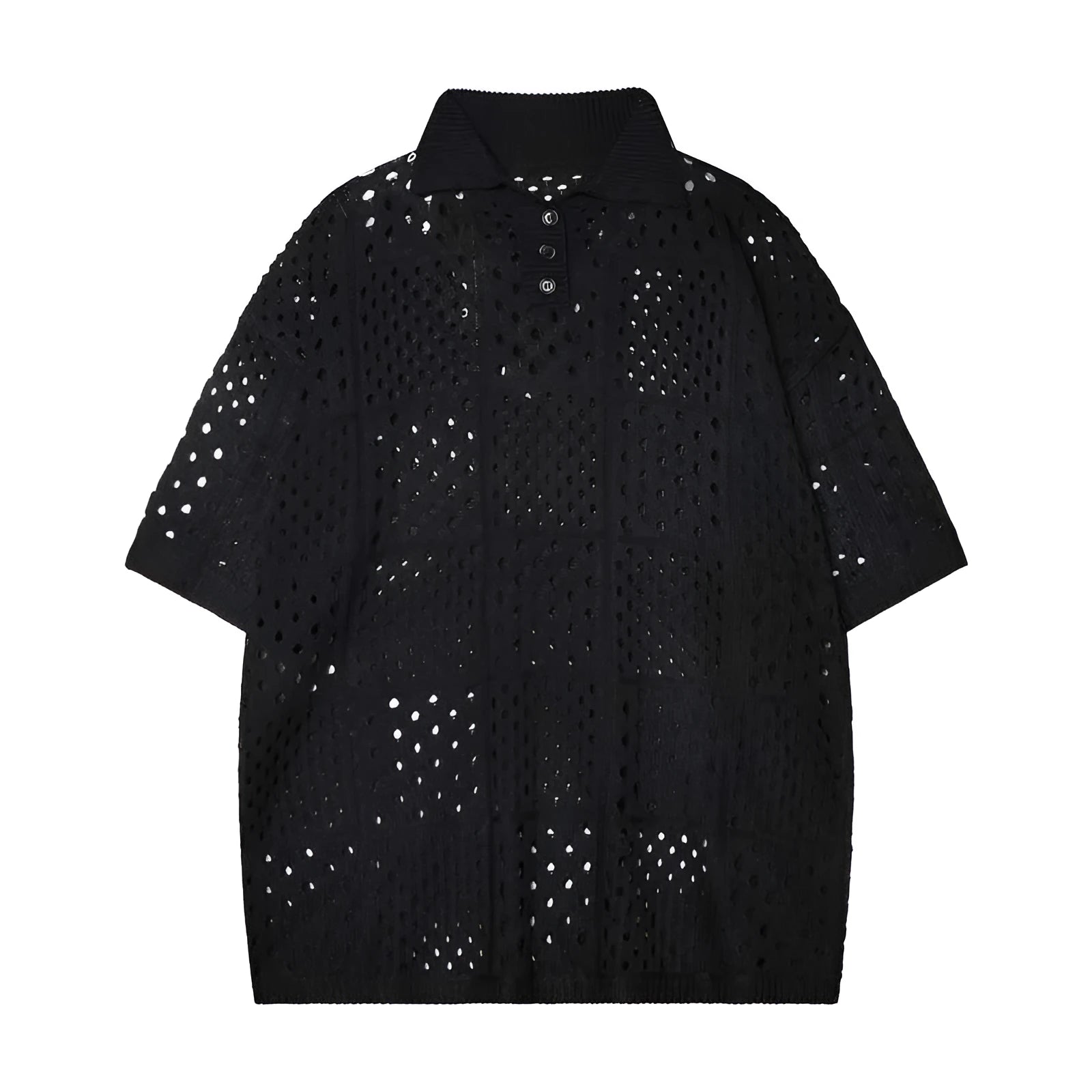 Black loose-fit short-sleeved polo shirt with a cardigan style and hollow knit fabric on a hanger.