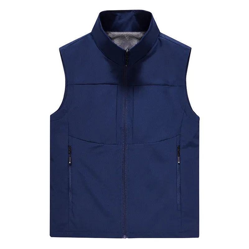 Men's loose-fit stand collar cardigan vest in polyester for outdoor leisure.