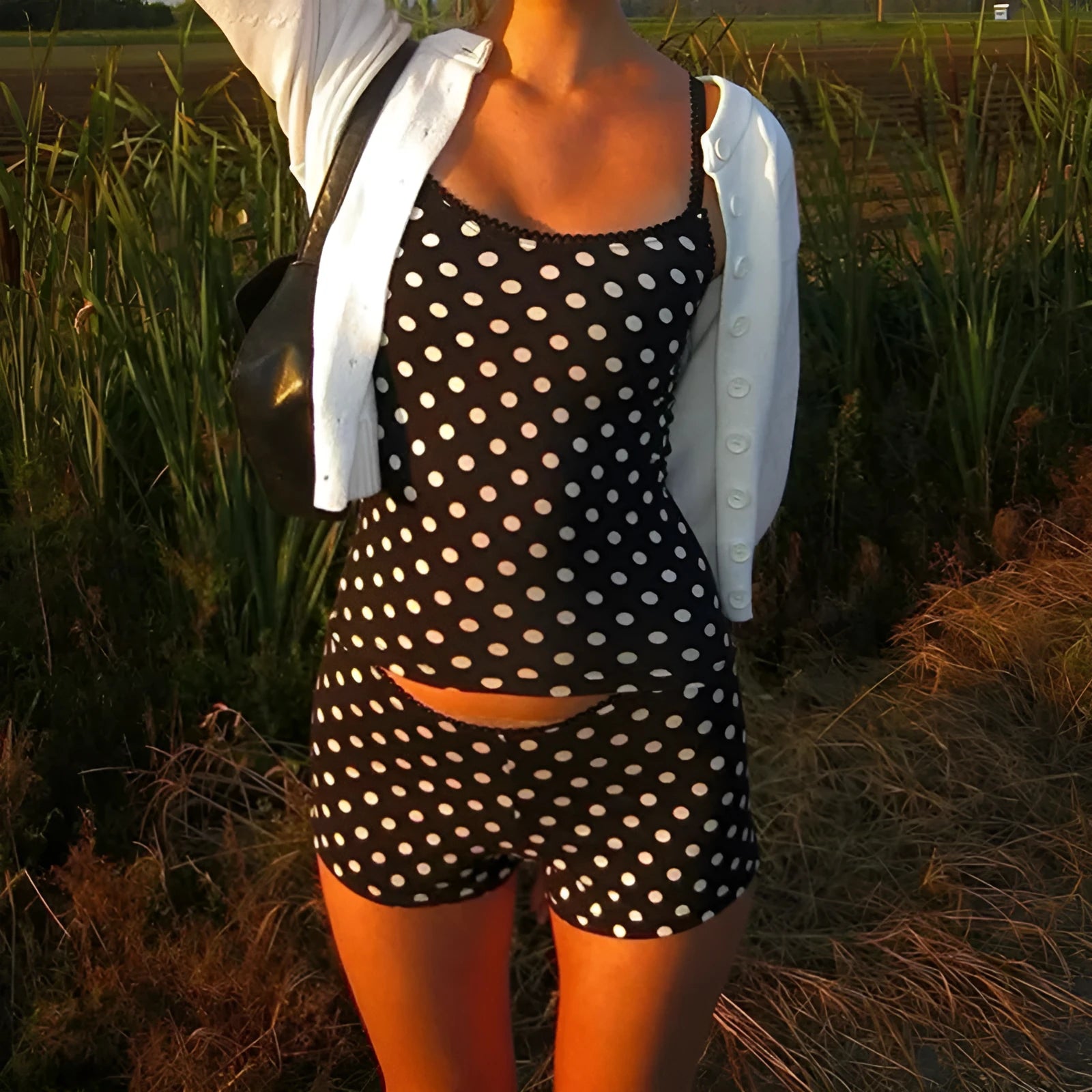 Polka dot suspender shorts suit for women black contrast colour sleeveless top and shorts polyester milk silk fabric size S M L