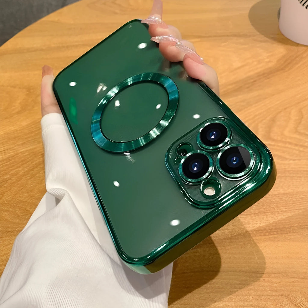 Electroplated TPU phone case with MagSafe magnetic suction for iPhone 11-14 models, shown in Desert Gold.