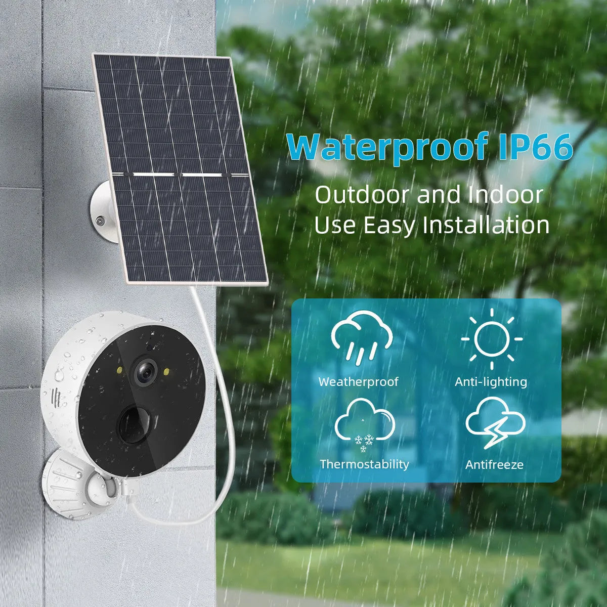 Outdoor solar-powered security camera with separate solar panel for 1080P monitoring.