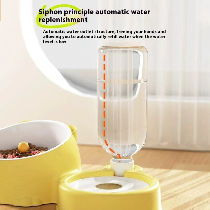 Double bowl plastic cat feeder in haze blue colour with separate food and water compartments.