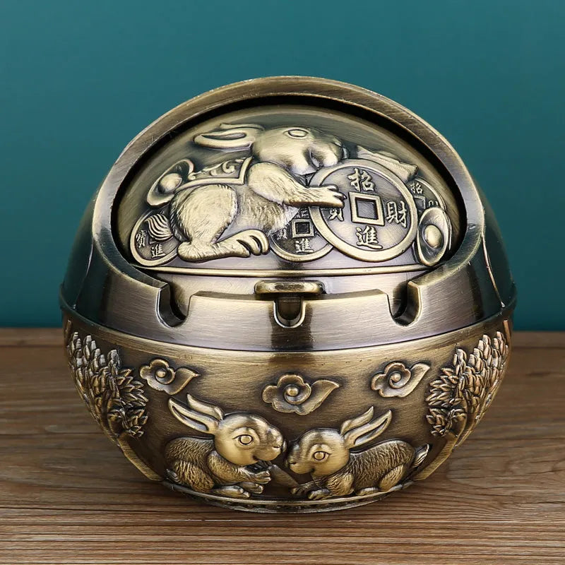 XL decorative alloy ashtray with smoke slot in bronze finish showing dragon and phoenix design