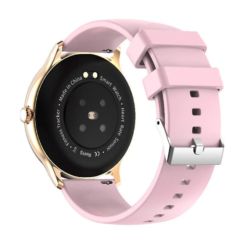 Black smart sports watch with circular screen displaying health metrics on a silicone wristband.