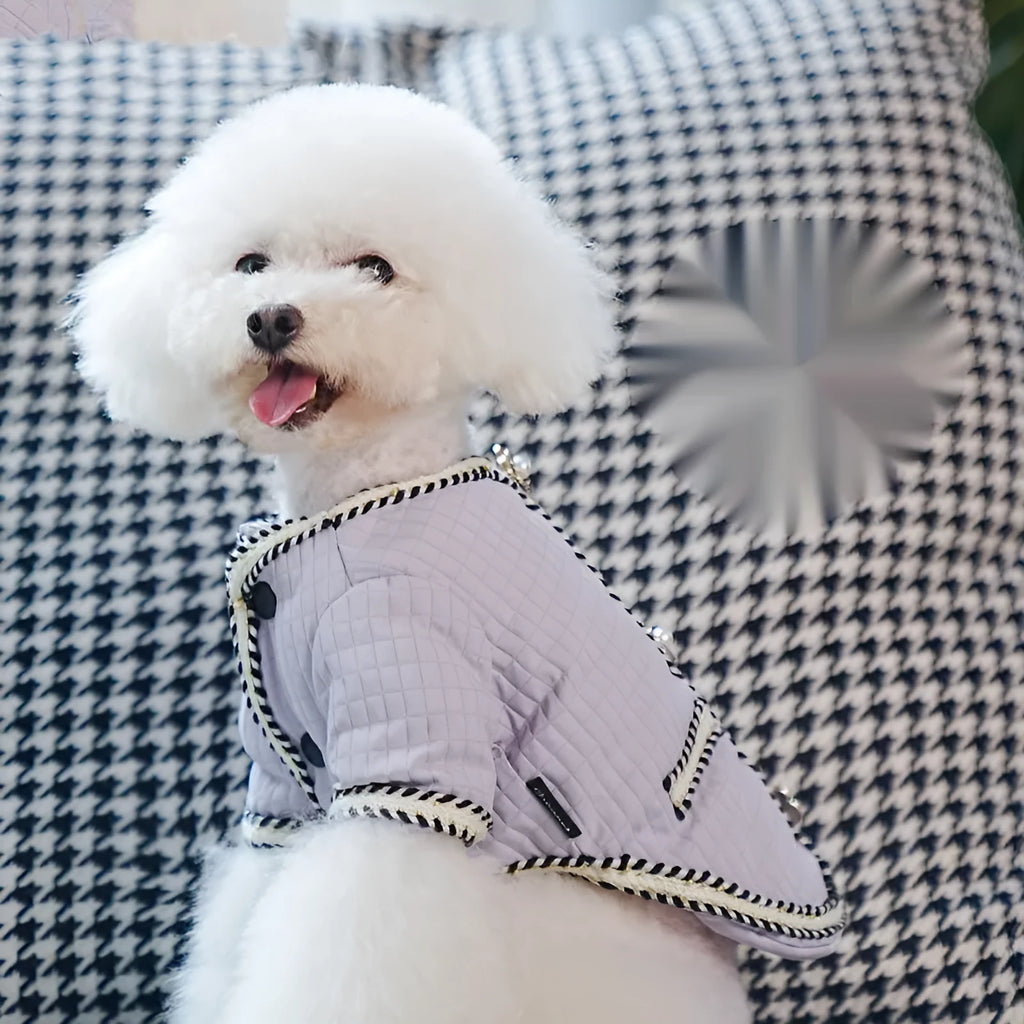 Quilted cartoon-style dog coat in light purple colour for winter warmth