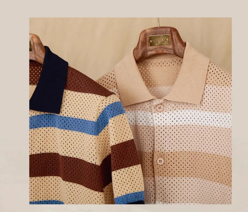 Retro casual hollow lapel short sleeve top in 100% cotton with striped pattern, available in white and blue brown, sizes M to 3XL