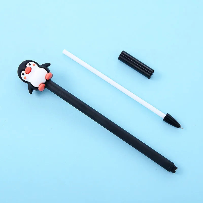 Korean cartoon penguin gel pen with silicone grip and 0.5mm tip in black and blue options