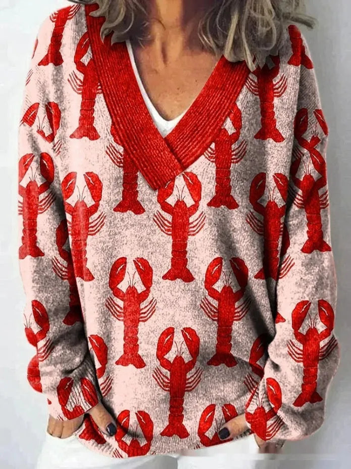 Women's V-neck floral print sweatshirt with 3D effect and long sleeves in an art retro style.
