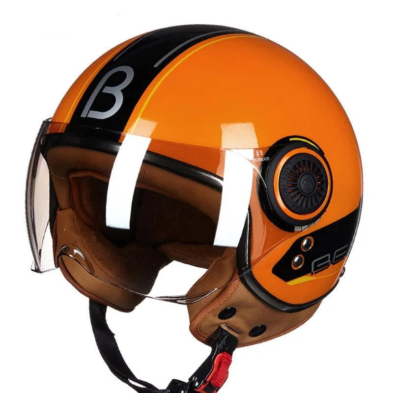 Retro-style half helmet for battery cars in bright blue and red colour combination showing ABS construction