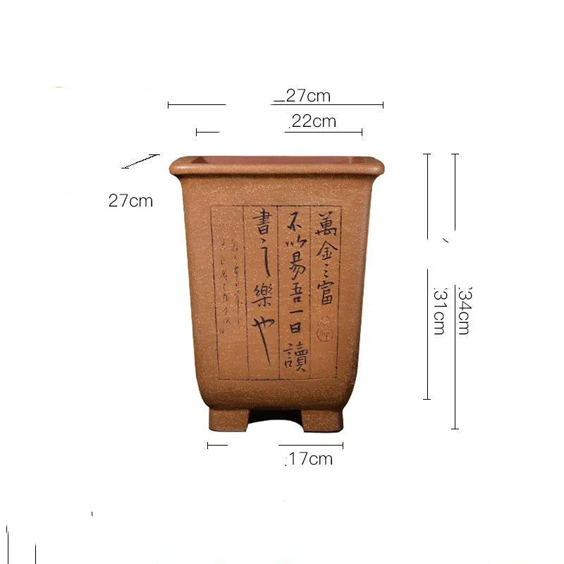 Hand-carved square purple sand ceramic flower pot large size for Clivia and orchids