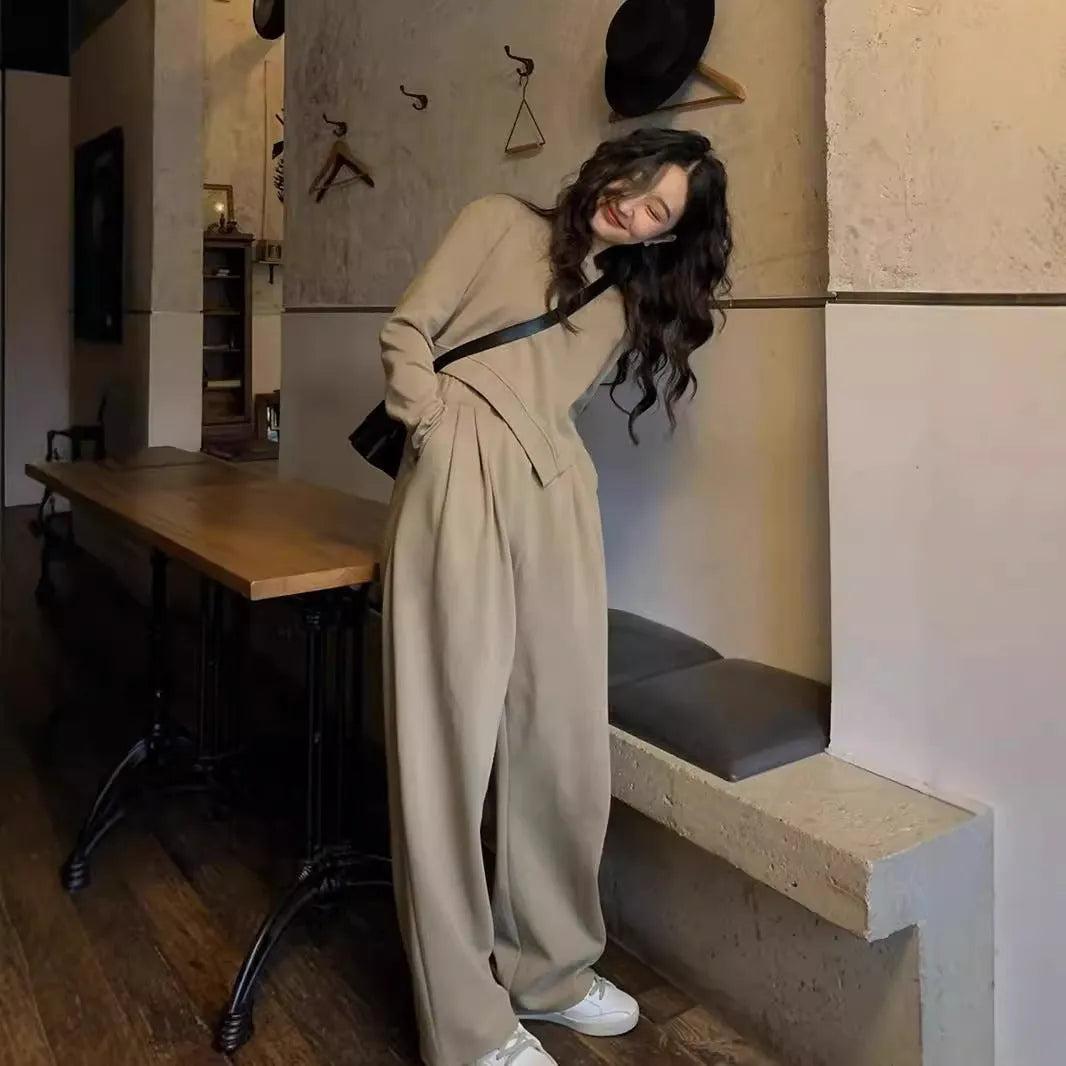 Women's khaki casual sports suit set with long sleeve top and trousers in a Japanese Korean style.