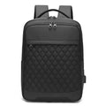 Men's Oxford cloth travel backpack in black with curved shoulder strap and diamond mesh detail