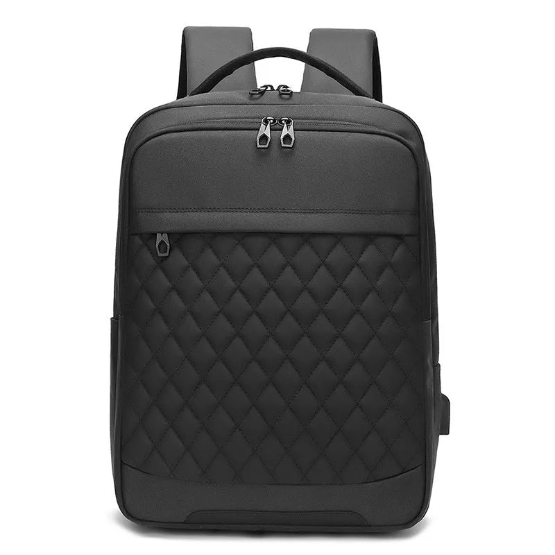 Men's Oxford cloth travel backpack in black with curved shoulder strap and diamond mesh detail