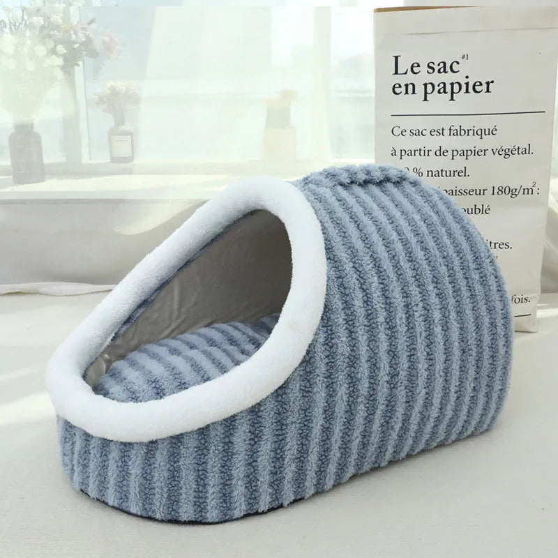 Thickened three-dimensional macaron-style cat bed in blue colour, showing double-piece construction
