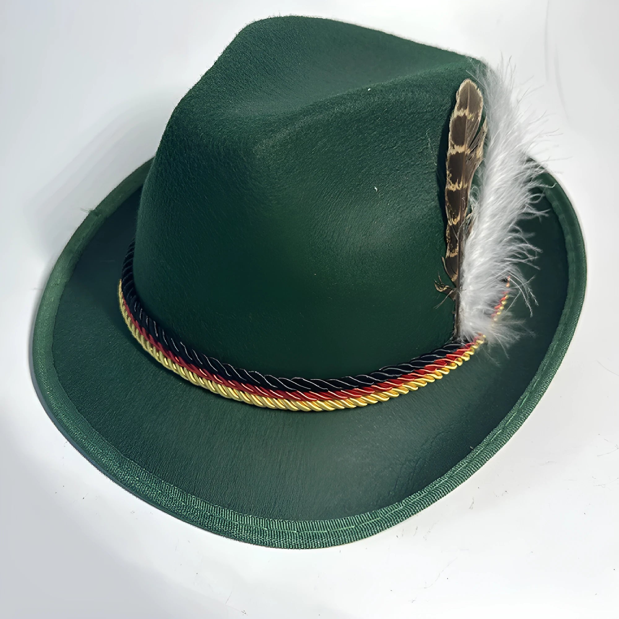 Velvet fedora hat with turkey feather trim in brown and black, showing structured crown and brim, 30x26x14cm