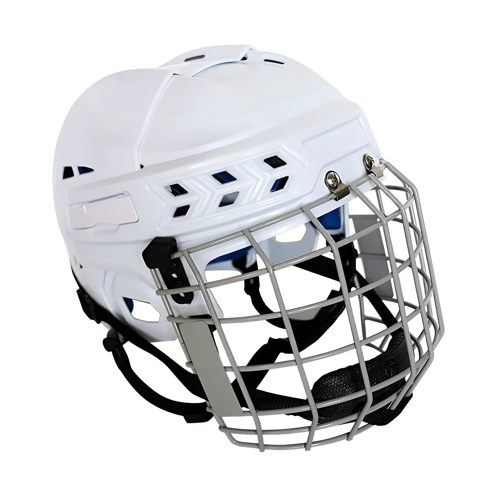 Ice hockey and ball hockey helmet with a carbon steel face mask in black.